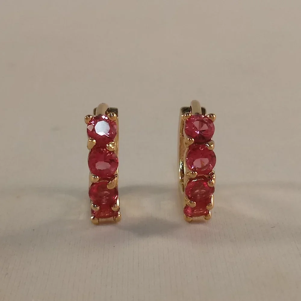 18K Yellow Gold Filled Small Ruby Red Diamond Zircon Hoop Huggie Earrings Gift